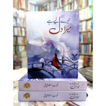 Front cover and spine of the Urdu book Tere Liye Hai Mera Dil by Farhat Ishtiaq, featuring 21 selected stories and a dreamy illustration of a bridge and a white bird.