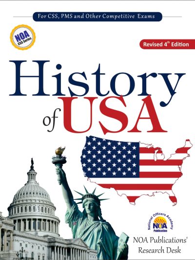 : Book cover for "History of USA," Revised 4th Edition by NOA Publications' Research Desk. The cover features the Statue of Liberty, the US Capitol Building, and a map of the United States with the American flag pattern.