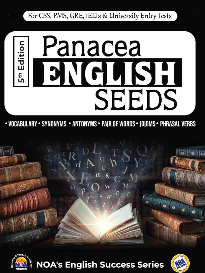 Book cover for "Panacea English Seeds," 5th Edition, part of NOA's English Success Series. The cover features a dark background with stacks of classic books and an open book emitting light and letters.