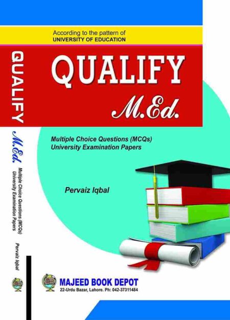 Book cover for "Qualify M.Ed." featuring Multiple Choice Questions (MCQs) and University Examination Papers by Pervaiz Iqbal. The design includes a red and white background with a stack of colorful books and a graduation cap.