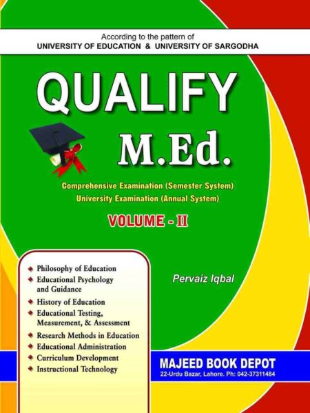 Book cover for "Qualify M.Ed. Volume - II" by Pervaiz Iqbal. The design features a bold green and red background with a graduation cap and a list of educational subjects, published by Majeed Book Depot.