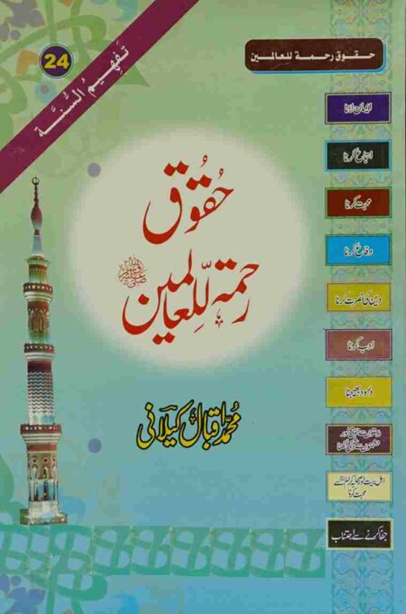 Front cover of the Urdu Islamic book "Huqooq-e-Rahmatul-lil-Alameen" by Muhammad Iqbal Kilani, featuring a tall mosque minaret and a list of ten colorful sidebar tabs outlining the rights of the Prophet (PBUH). It is marked as volume 24 of the Tafheem-us-Sunnah series.